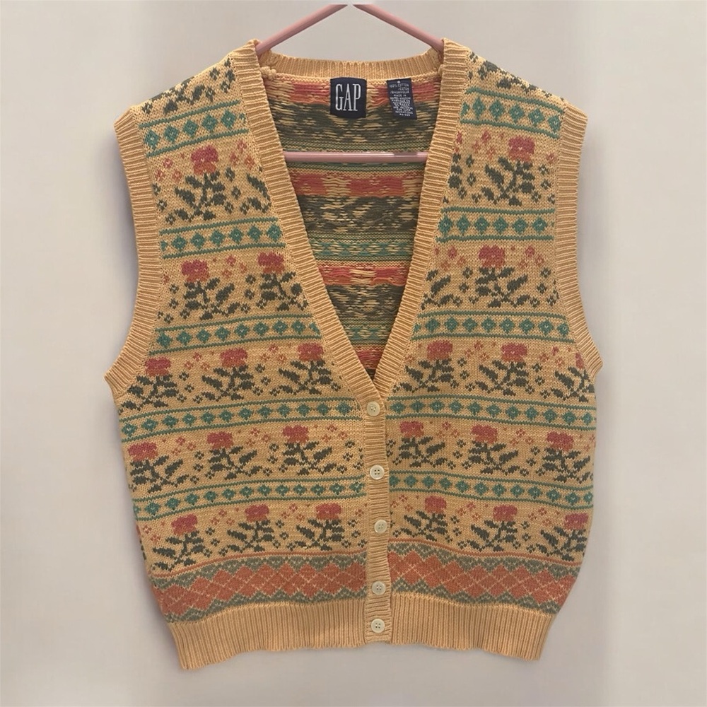 GAP Yellow Floral Fair Isle V-Neck Sweater Vest